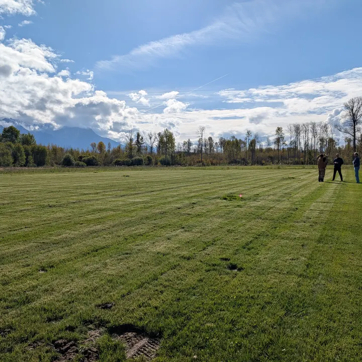 A new lawn stretching toward mountains on public grounds